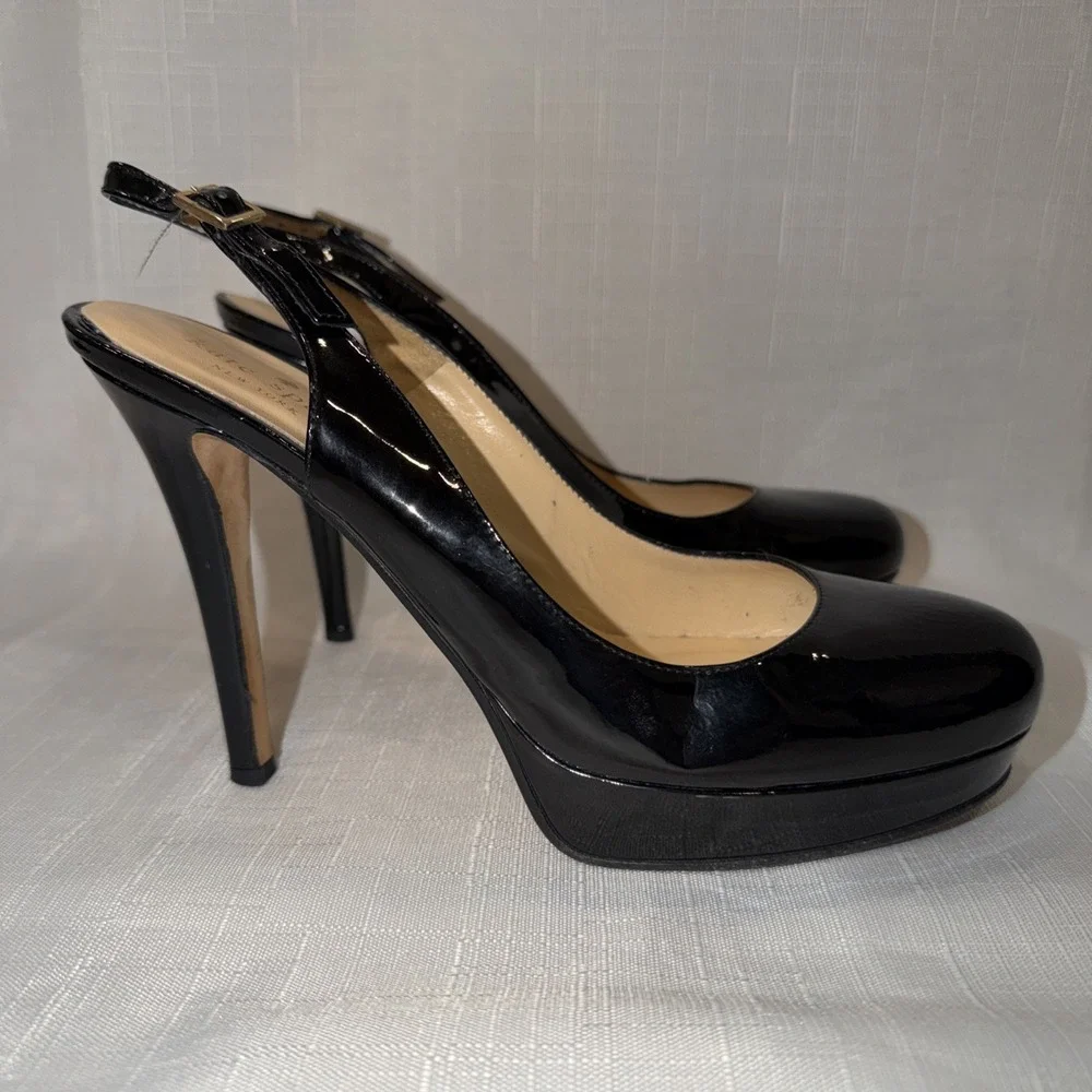 KATE SPADE Black Patent Leather Slingback Heel Platform Stiletto Italy Size 8 B